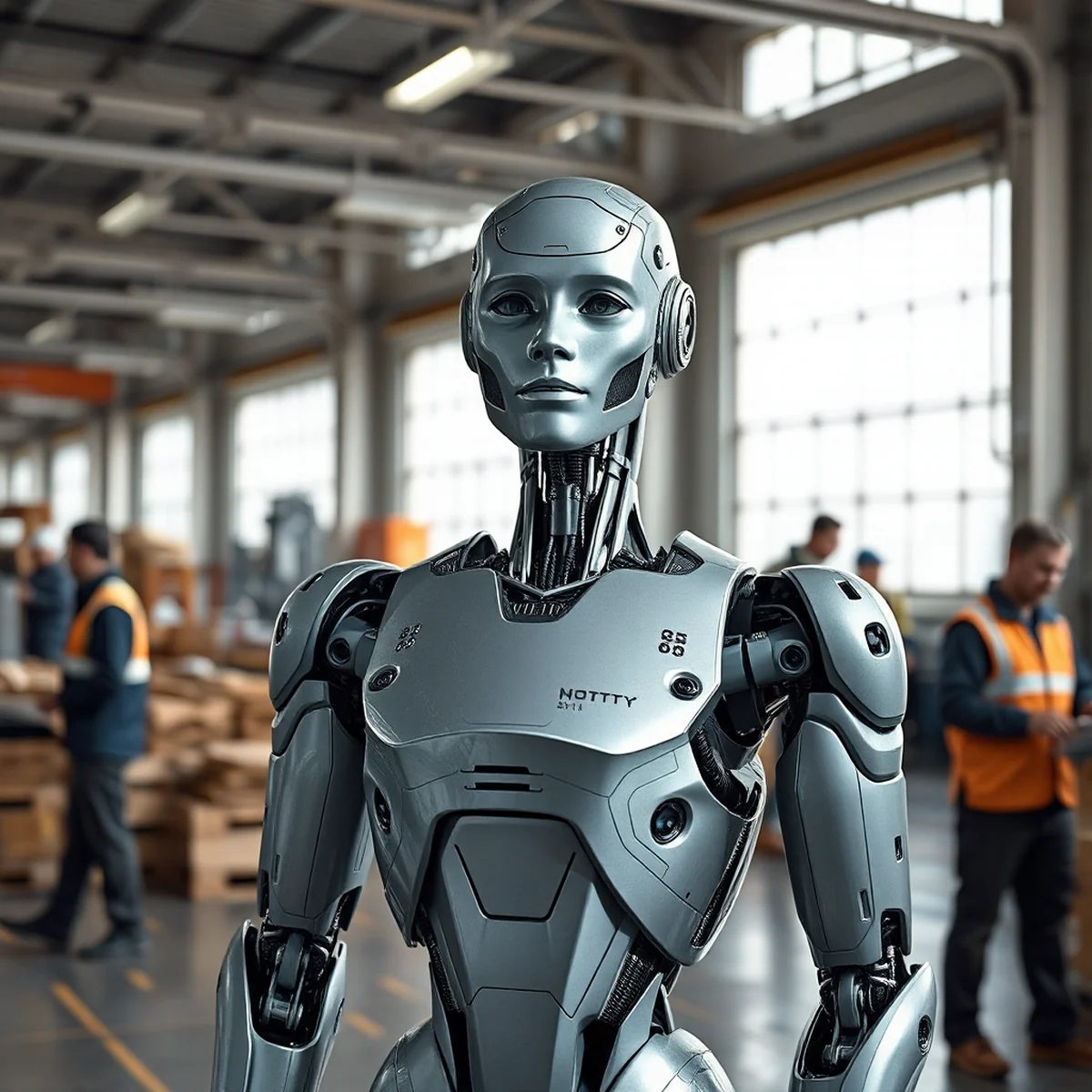 Scene inside a modern workshop with natural light, featuring a humanoid robot working alongside humans in a factory setting.
