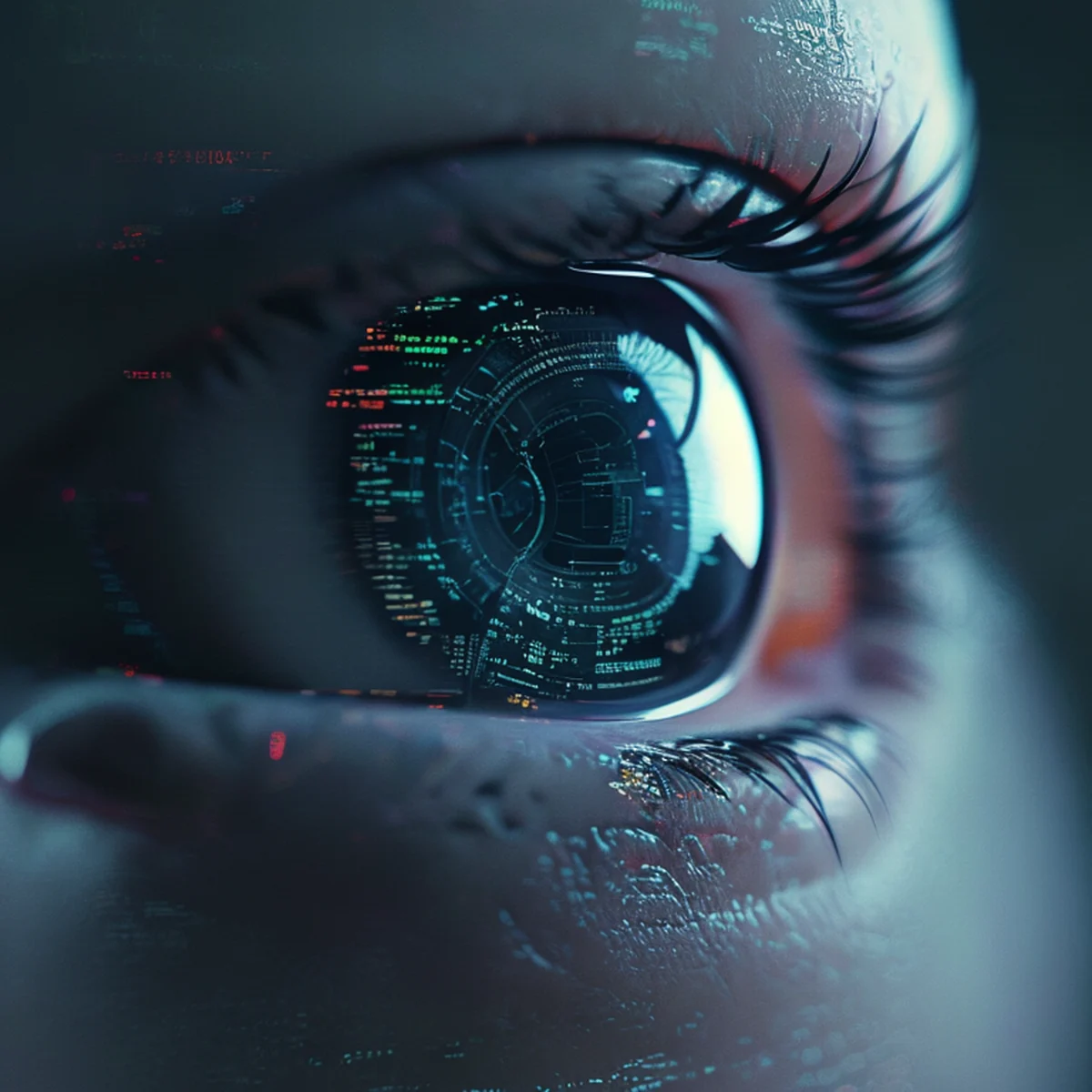 Detailaufnahme einer Roboterlinse mit Datenreflexionen