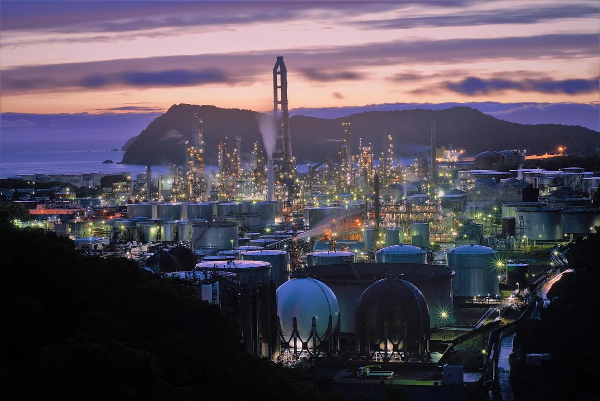 sunset, factory, buildings, illuminated, industrial, industrial plant, nature, pollution