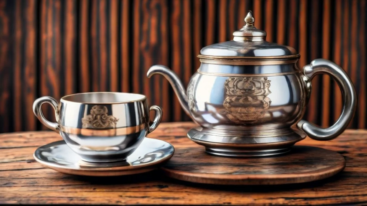 Samovar traditionnel russe avec un corps en métal, des tasses en porcelaine et un support.