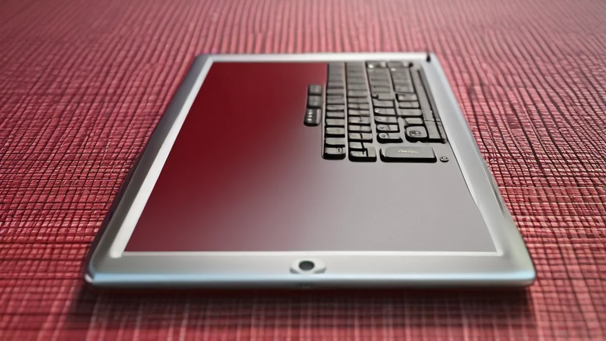tablette numérique avec clavier physique, métal poli, bords inclinés, argent, sur un tapis rouge, studio propre avec softbox, faible profondeur de champ, photoréaliste, focus net, détails élevés
