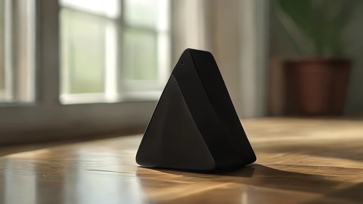 Zwart plastic telefoonstand, driehoekig, glad, op een houten tafel, zachte licht, zacht focus, realistisch