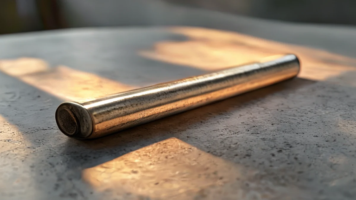 uma haste cilíndrica de metal com superfície texturizada, centrada em uma mesa de concreto lisa, sob luz lateral quente, profundidade de campo baixa, fotorealista, foco nítido, detalhes altos