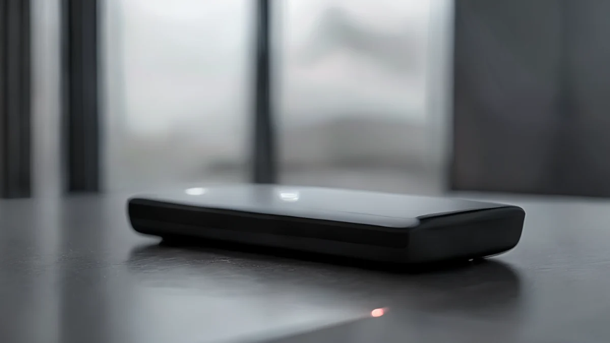 Wireless Router, schwarz, rechteckig, mit kleinem LED-Licht, auf grauem Tisch, bewölkter Tag, flache Schärfe, photo-realistisch, scharfe Schärfe, hohe Details