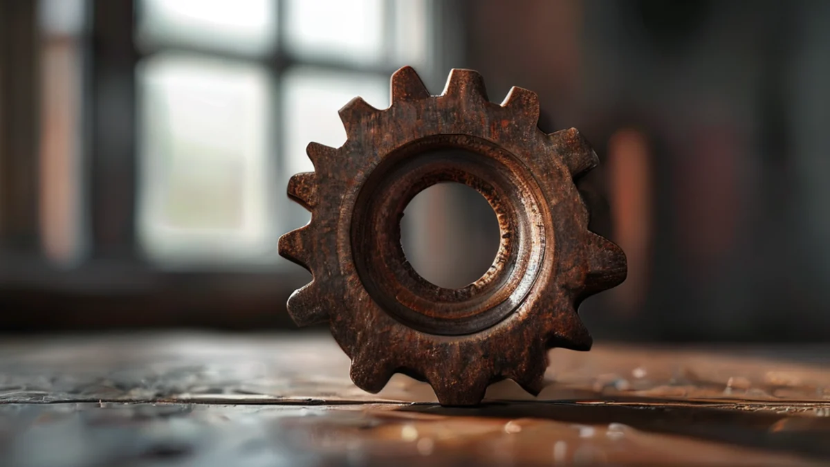 A split gear with rusted teeth and a worn housing, centered on a wooden table, under soft window light, shallow depth of field, photorealistic, sharp focus, high detail