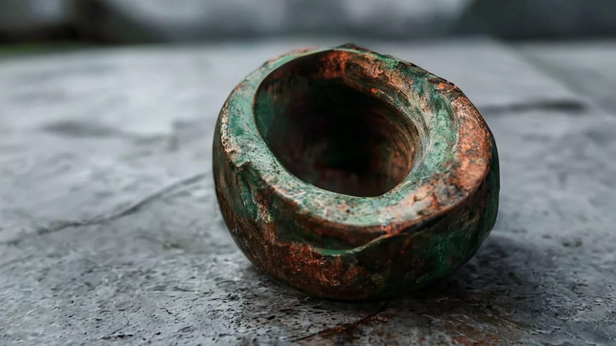 Centered, weathered copper spoke cone, jagged edges, rusted green, textured surface, resting on a concrete table, overcast daylight, shallow depth of field, photorealistic, sharp focus, high detail