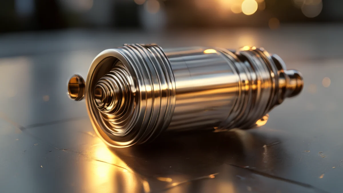 Una tija de válvula motor cilíndrica y delgada, de plata con una superficie texturizada, colocada sobre una mesa metálica bajo la luz dorada, profundidad de campo suave, fotorealista, enfoque nítido, detalles elevados