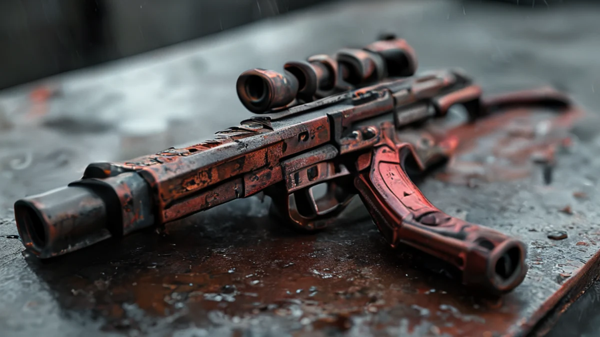 Maschinengewehr Link, Stahl, segmentiert, rostig, dunkelrot, auf konkreter Tafel, bewölkter Taglicht, flache Schärfe, photo-realistisch, scharfe Schärfe, hohe Details