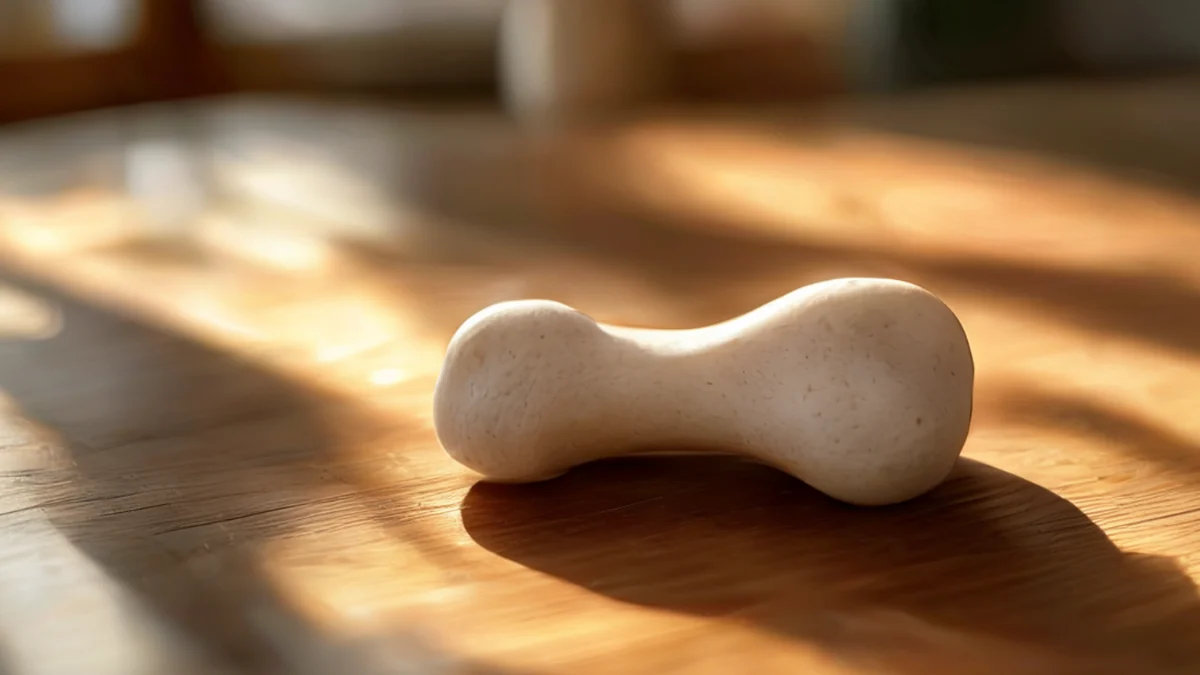A small dog bone placed on a wooden surface.