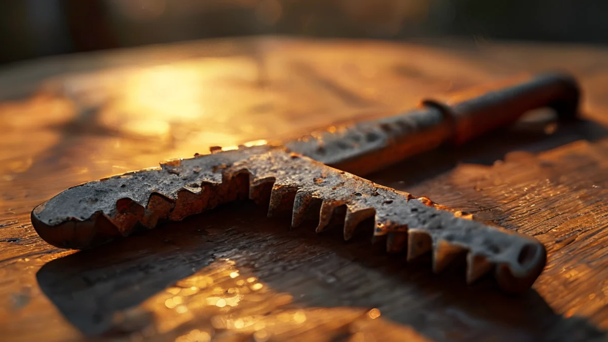 Rusted, serrated scrape tool, dark steel, worn handle, on wooden table, golden hour light, shallow depth of field, photorealistic, sharp focus, high detail