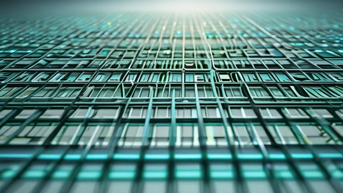 Ein komplexer, leuchtender, gitterförmiger Bio-Neural-Grid, 100mm Makro, flache Schärfe, photo-realistisch, scharfe Schärfe, hohe Details, sauberer Studio-Softbox, blauer und grüner leuchtender, glatter, metallischer Oberflächen