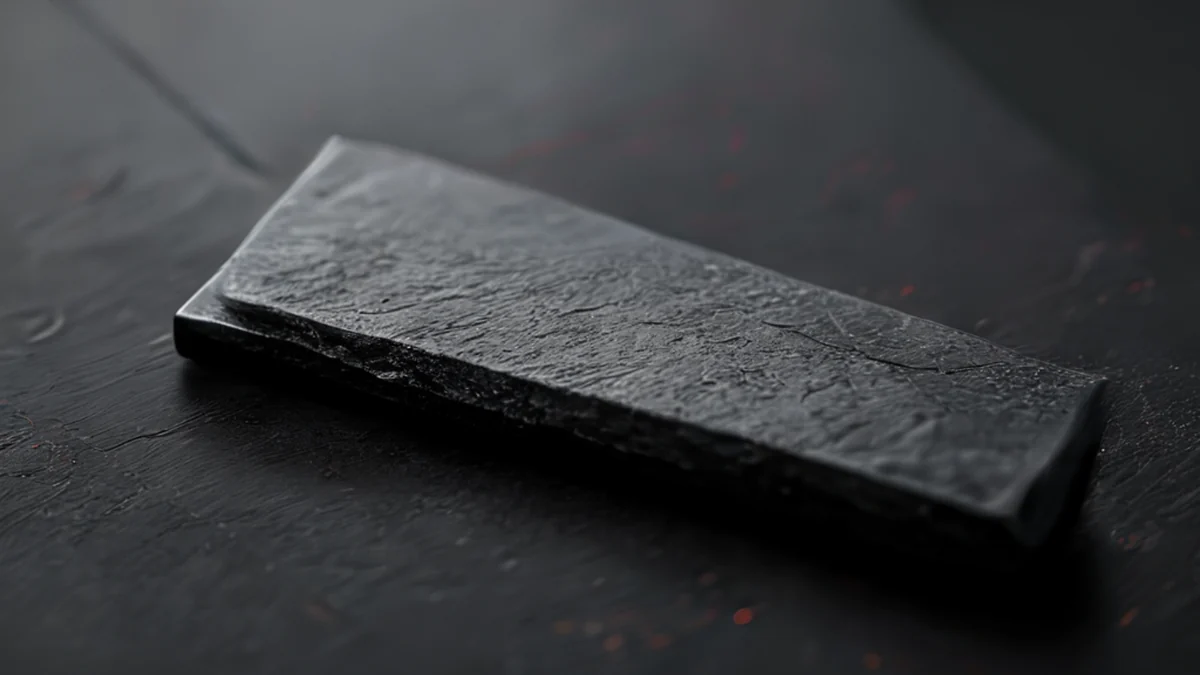 Oggetto piatto, triangolare, con bordo di pietra, superficie metallica nera, grigio scuro, luce laterale calda, profondità di campo sottile, fotorealistico, focus acuto, dettagli elevati