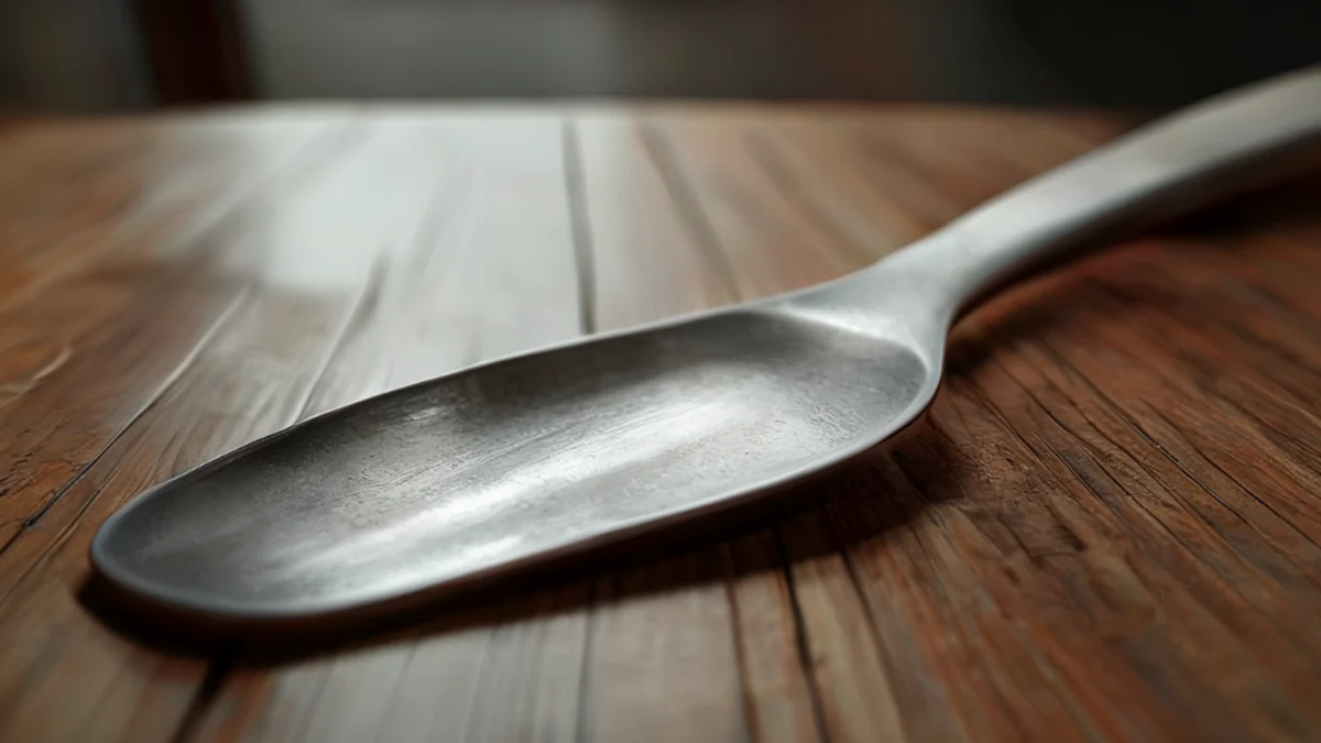 Een staalspatule met een plat, breed blad voor het koken en bakken.