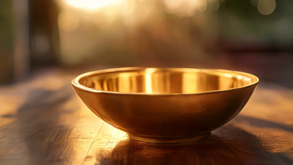 brass bowl, golden hour light, wooden table, shallow depth of field, photorealistic, sharp focus, high detail